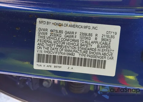 2019 Honda Accord Sport from USA, damaged, VIN 1HGCV1F37KA139482